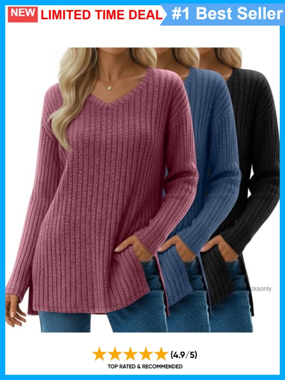 3 Pack Women's Long Sleeve V Neck Oversize Tops Side Slits